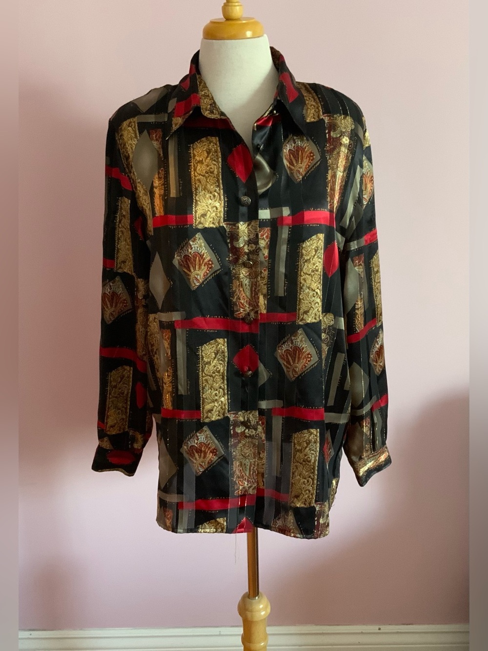 Vintage 90s Black Multicolor Geometric Print Long Sleeve Blouse